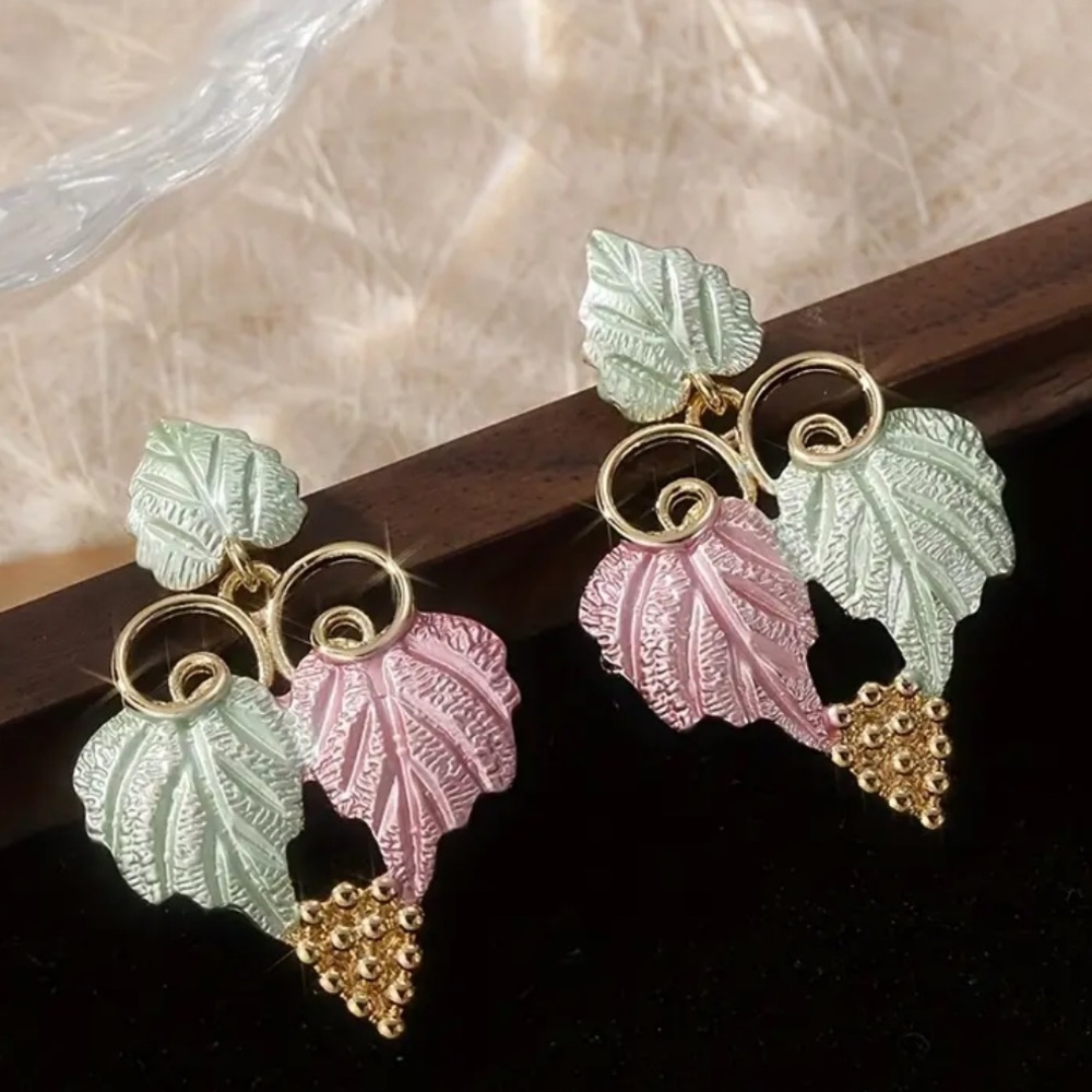 Elegant Golden Pink and Green Leaf Earrings